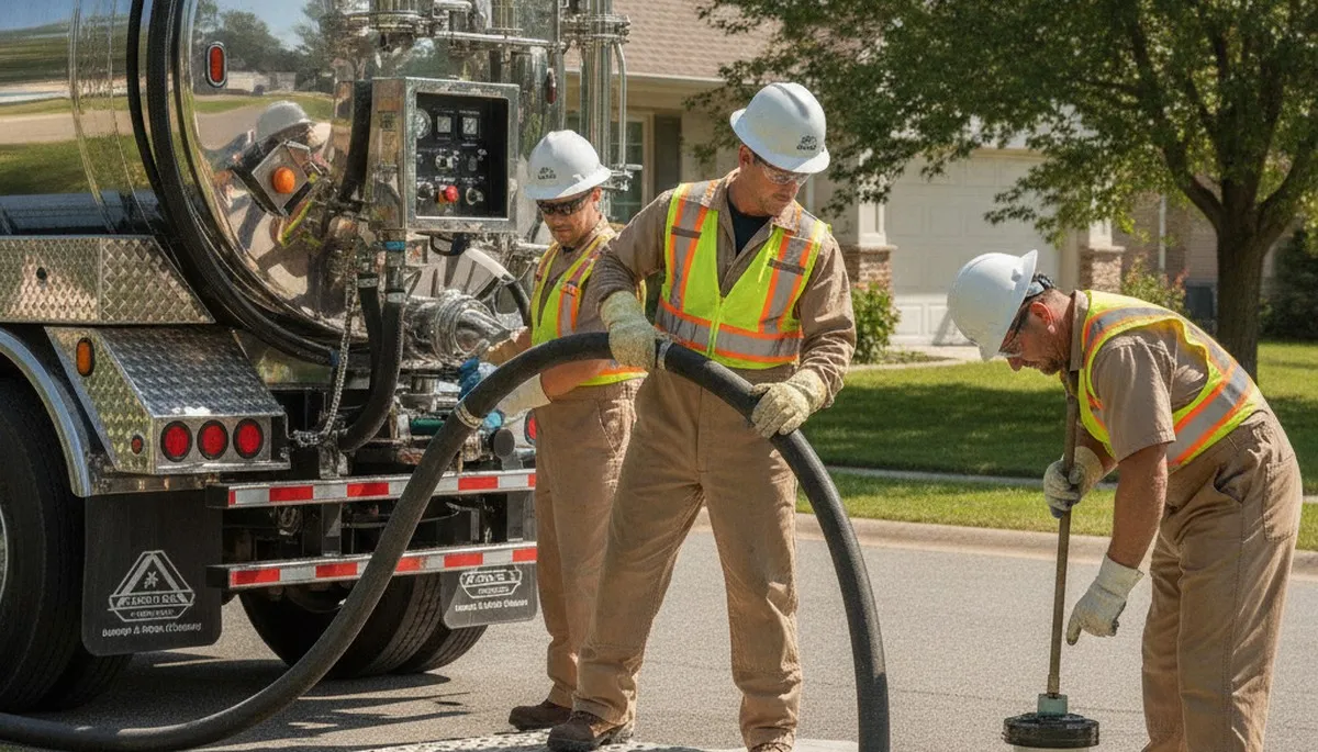 Septic pumping truck servicing a Savannah, GA home during wet weather for On Call Plumbers